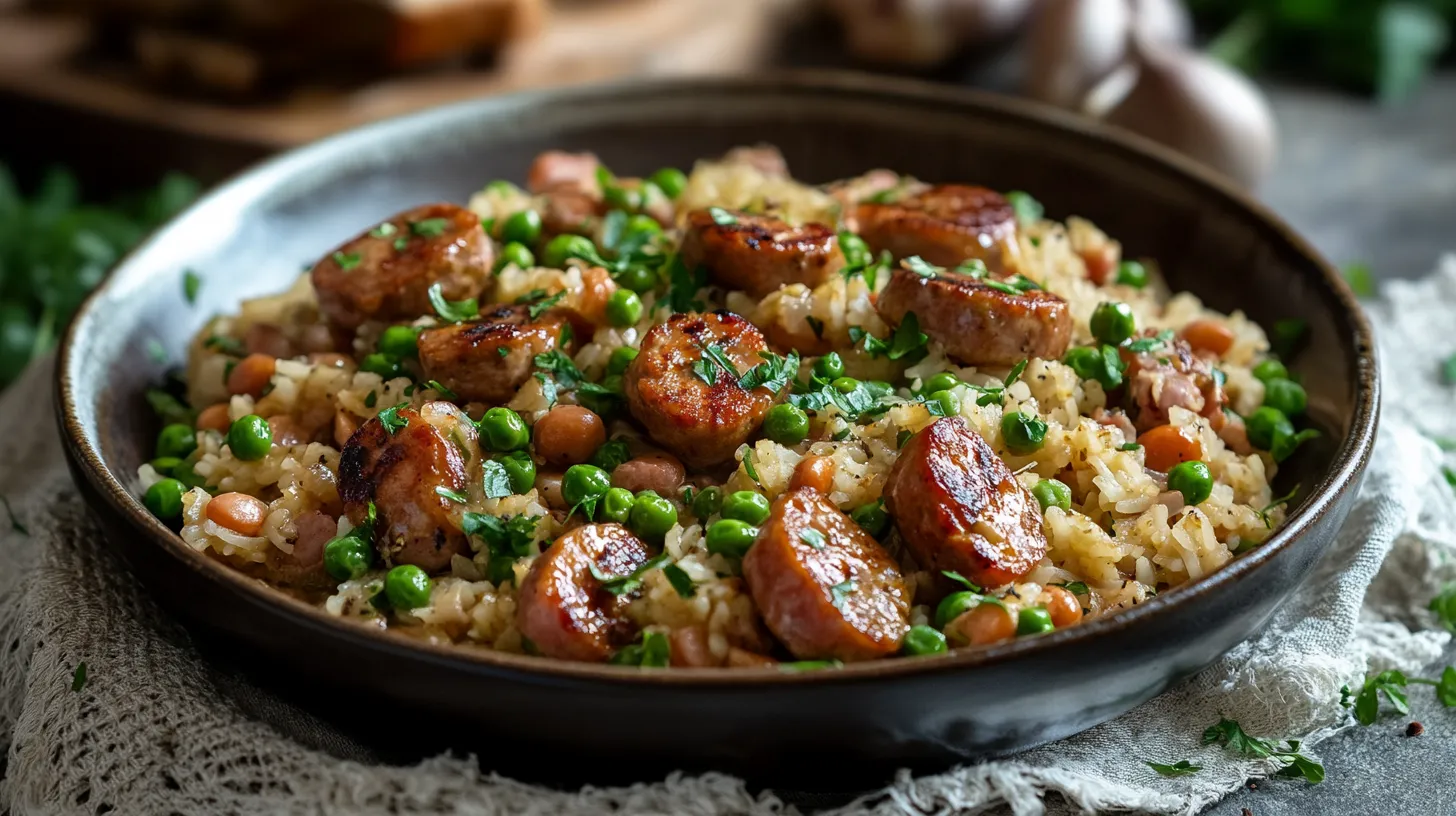 Riz Sauté aux Saucisses et Petits Pois