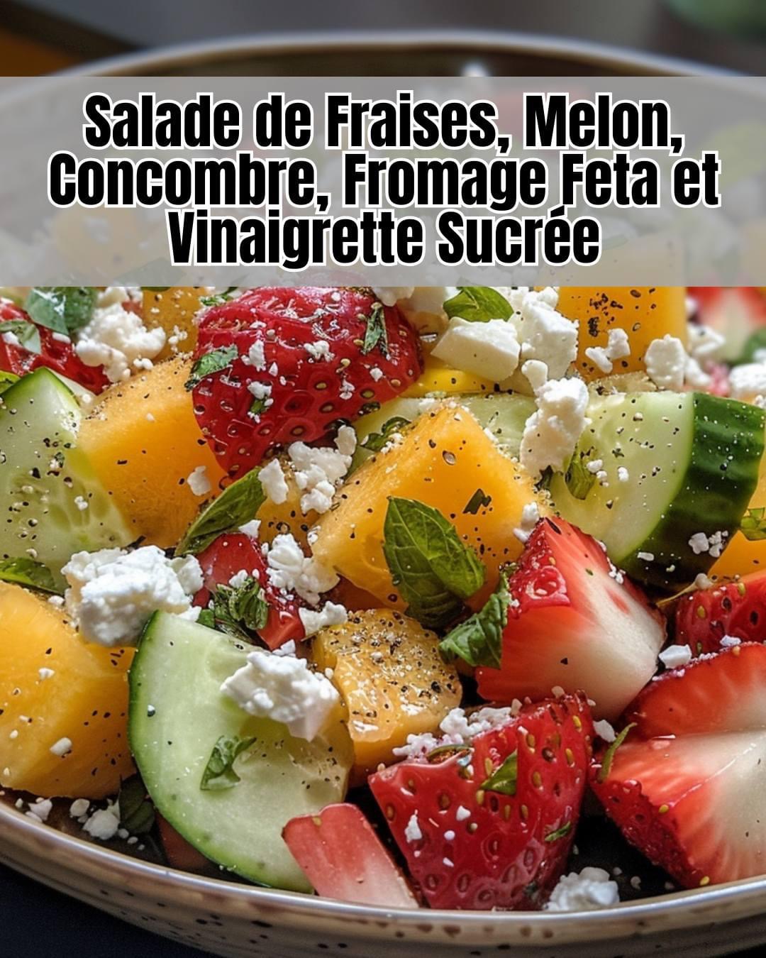 Salade Colorée aux Fraises, Melon, Concombre, et Fromage Feta avec Vinaigrette Sucrée