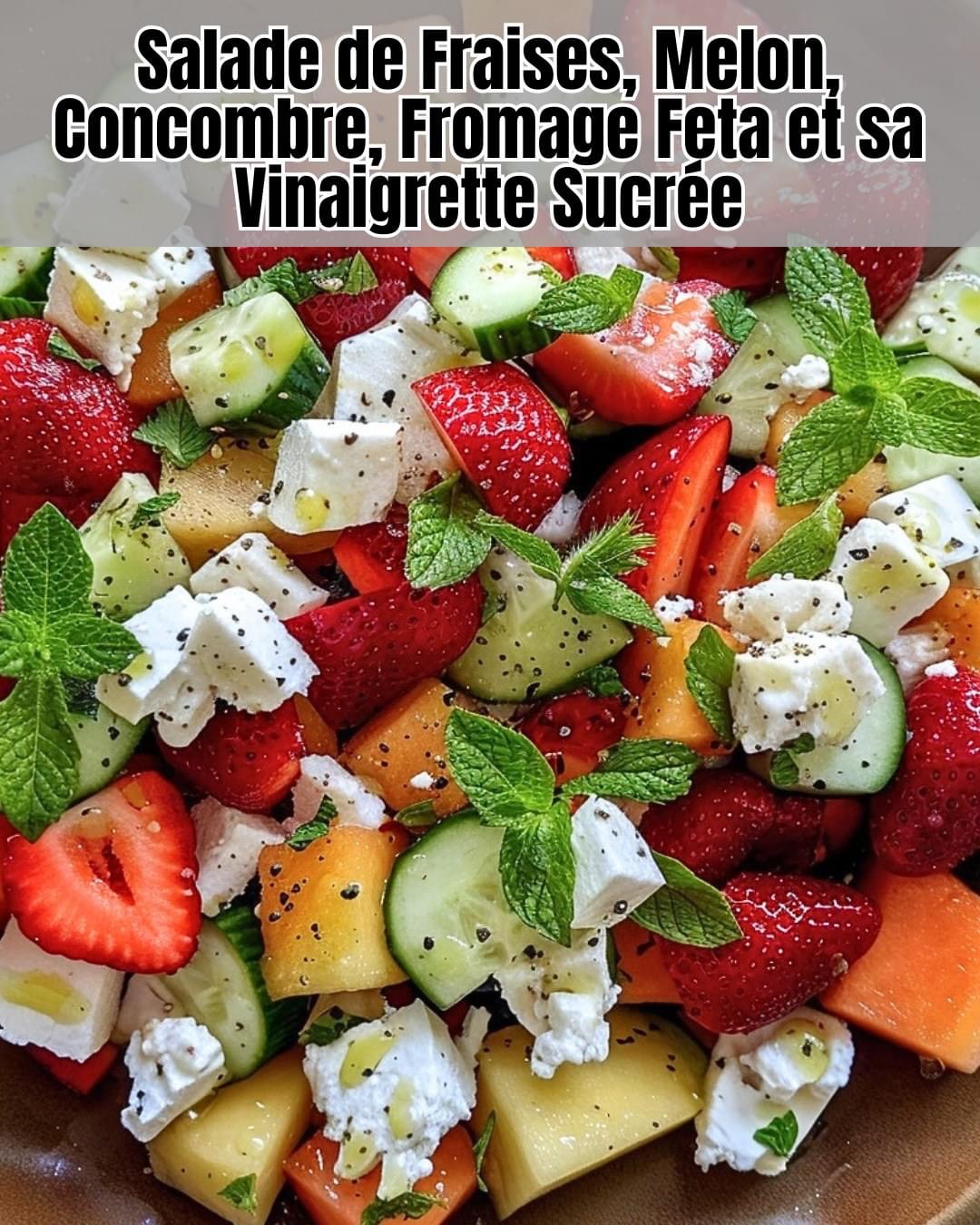 Salade Rafraîchissante aux Fraises, Melon, Concombre et Feta, Assaisonnée d’une Vinaigrette Sucrée