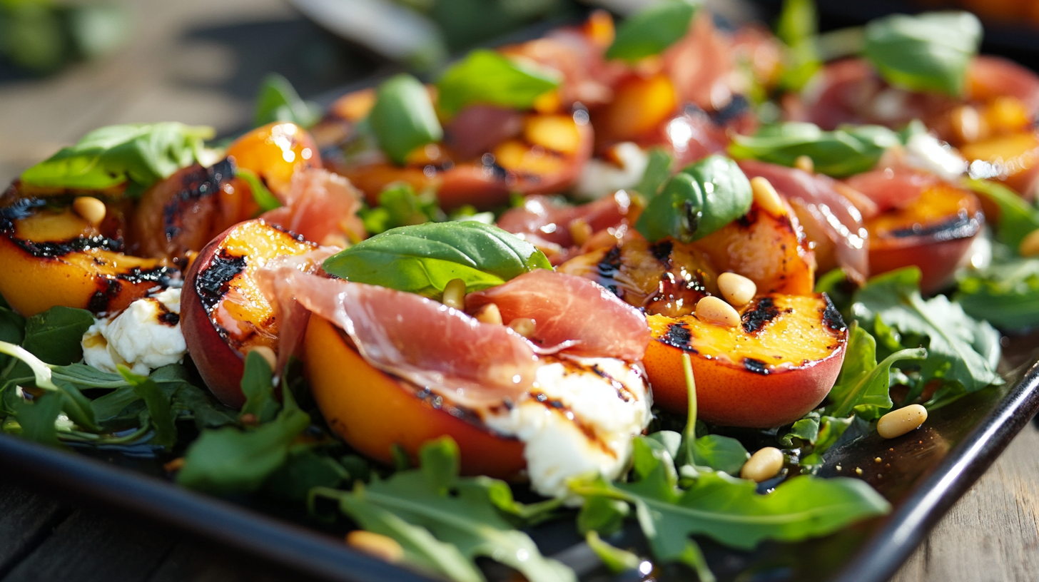 Salade de Pêches Grillées Burrata et Jambon Cru