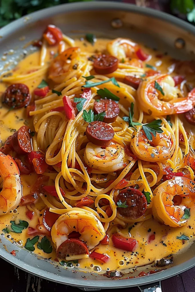 Spaghetti Crème Poivron Chorizo Crevettes Savoureux et Réconfortant