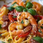 Spaghetti Crème Poivron Chorizo Crevettes