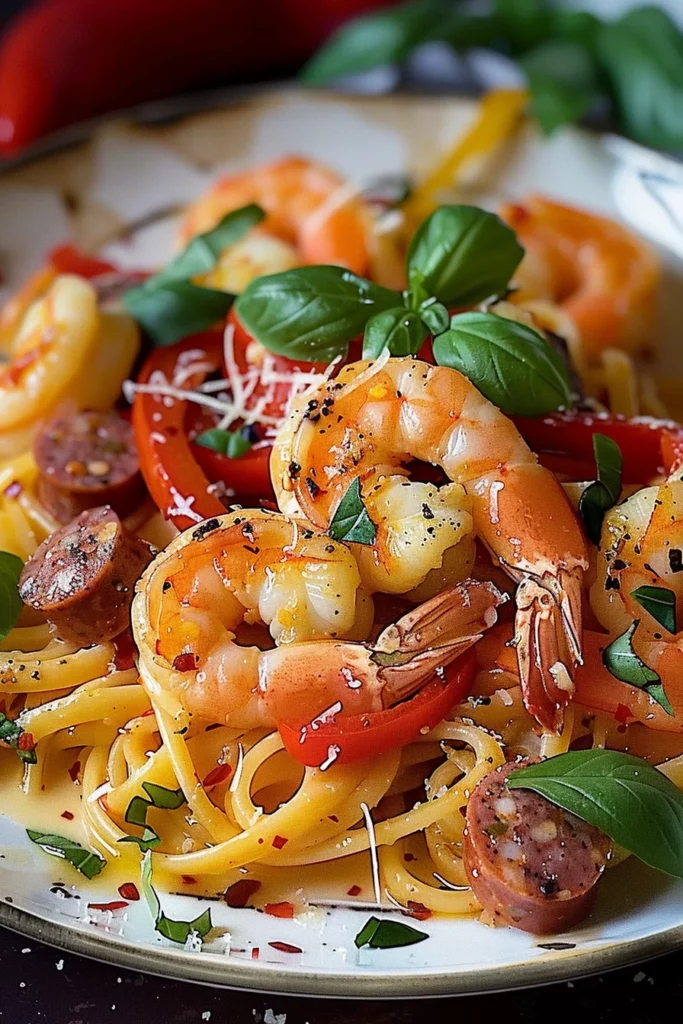 Spaghetti Crème Poivron Chorizo Crevettes Savoureux et Réconfortant