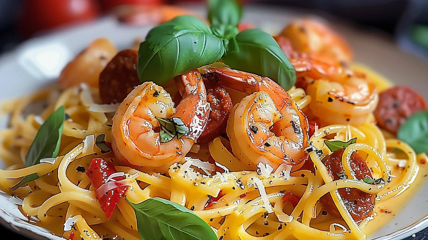 Spaghetti Crème Poivron Chorizo Crevettes