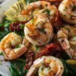 Crevettes à La Toscane Avec Épinards Artichauts et Tomates Séchées
