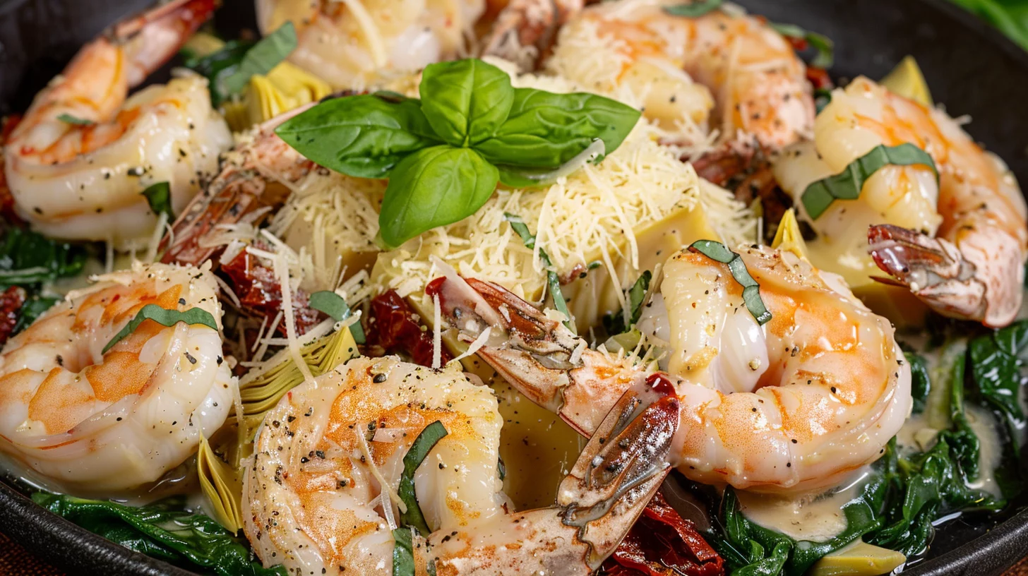 Crevettes à La Toscane Avec Épinards Artichauts et Tomates Séchées