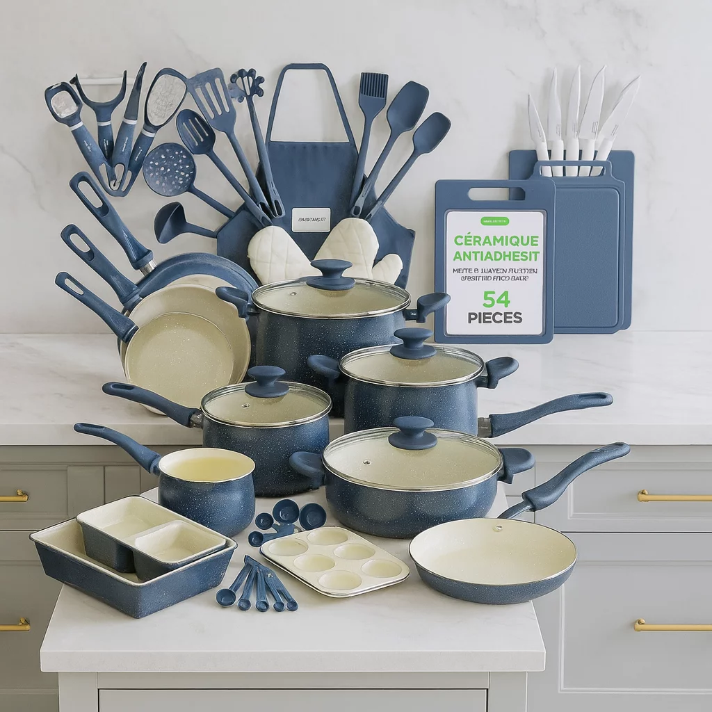 NutriChef Batterie de Cuisine 54 Pièces Effet Marbre – Ustensiles Résistants à la Chaleur, Antiadhésif, Idéal pour Cuisines Pro ou Maison, Bleu Gris