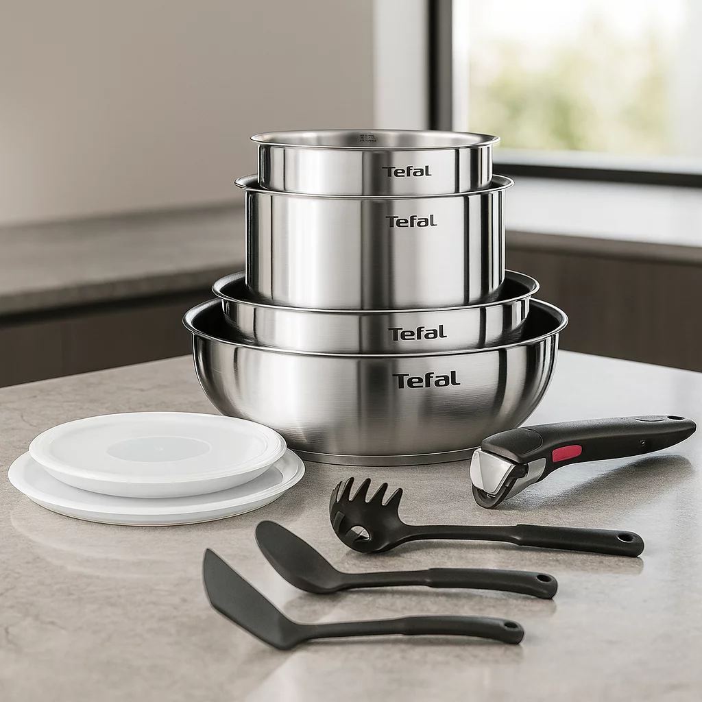 Tefal Ingenio Batterie de cuisine 10 pcs – Poêles, Casseroles, Couvercles hermétiques, Poignée amovible, Inox, Emotion L8971S04
