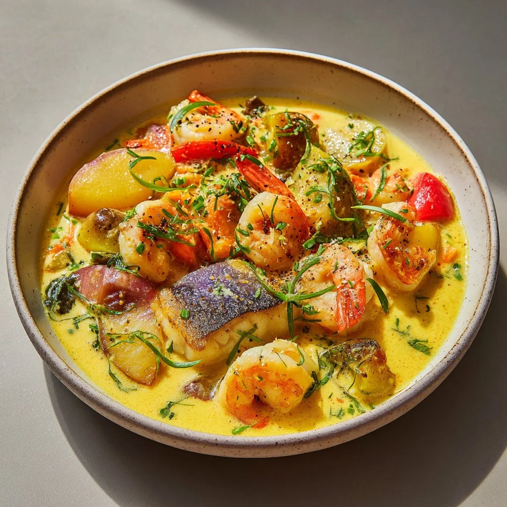 Blanquette de poissons au lait de coco servie dans un plat élégant