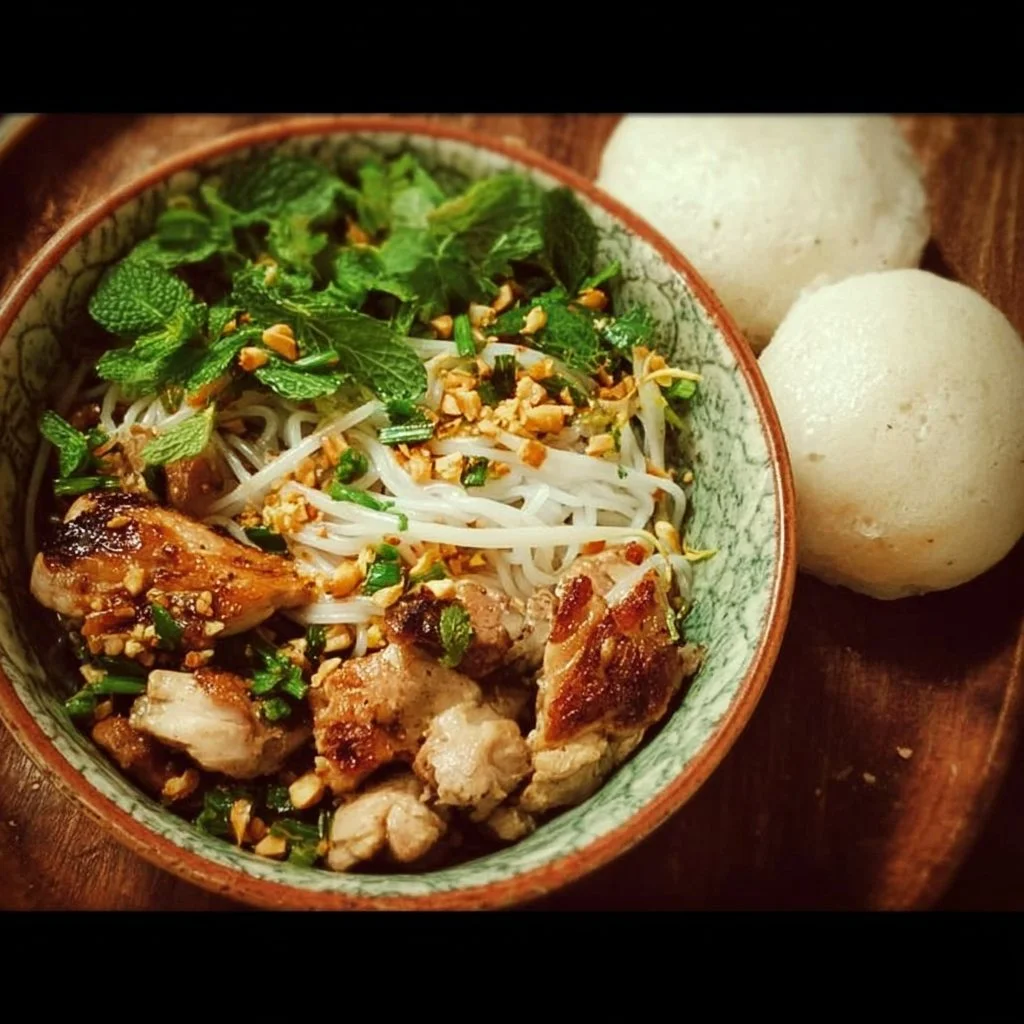 Bo Bun au poulet servi avec légumes frais et vermicelles de riz