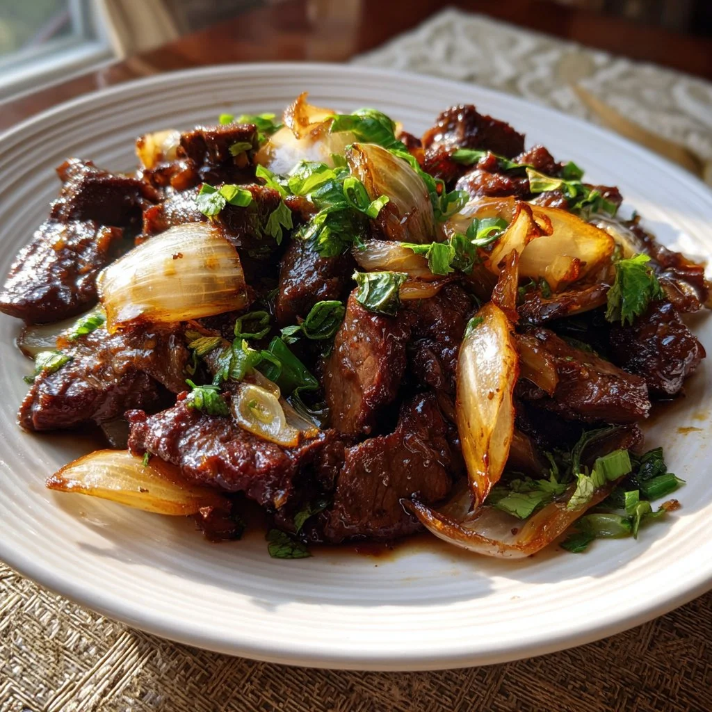Bœuf caramélisé aux oignons savoureux avec sauce soja.