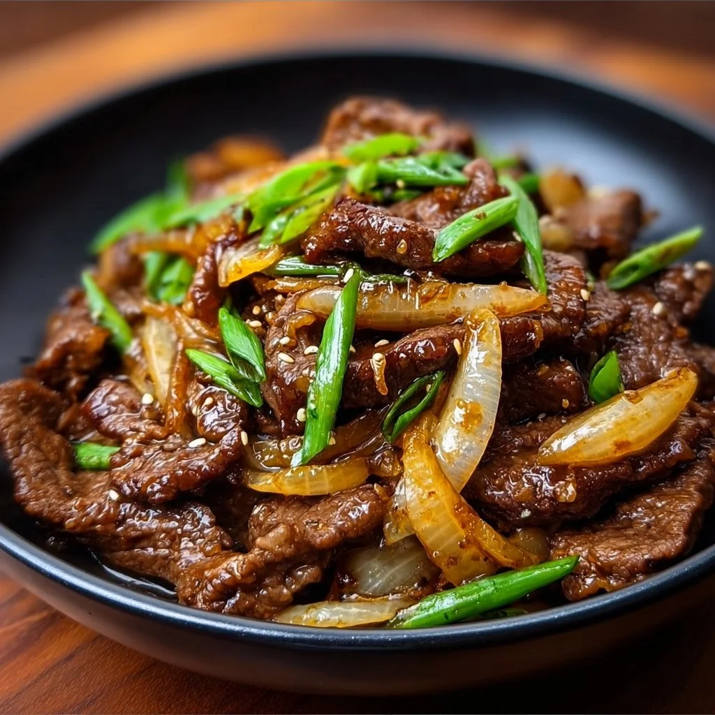 Bœuf Sauté aux Oignons dans une poêle avec des légumes frais