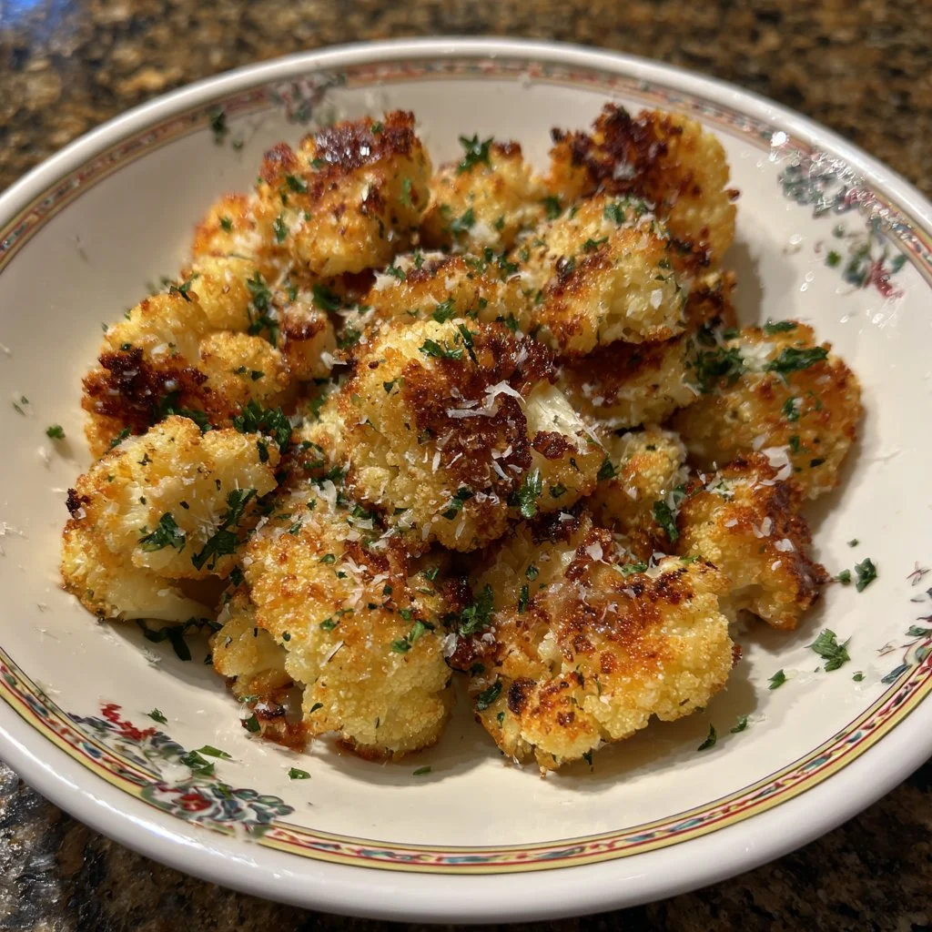 Boulettes de Chou-fleur Parmesan croustillantes et savoureuses sur une assiette.