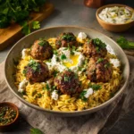 Boulettes Grecques avec Orzo Citronné et Crème de Feta
