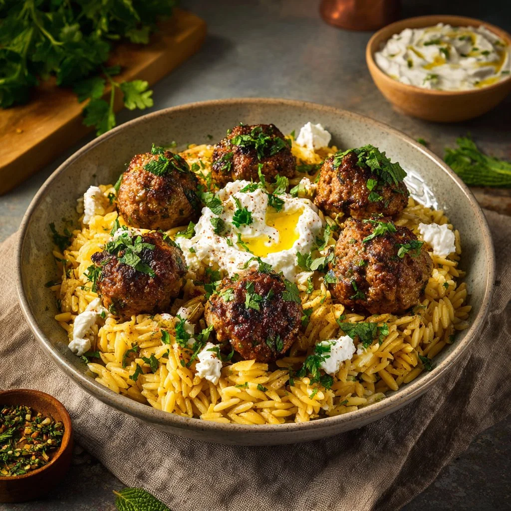 Boulettes grecques servies avec orzo citronné et crème de feta