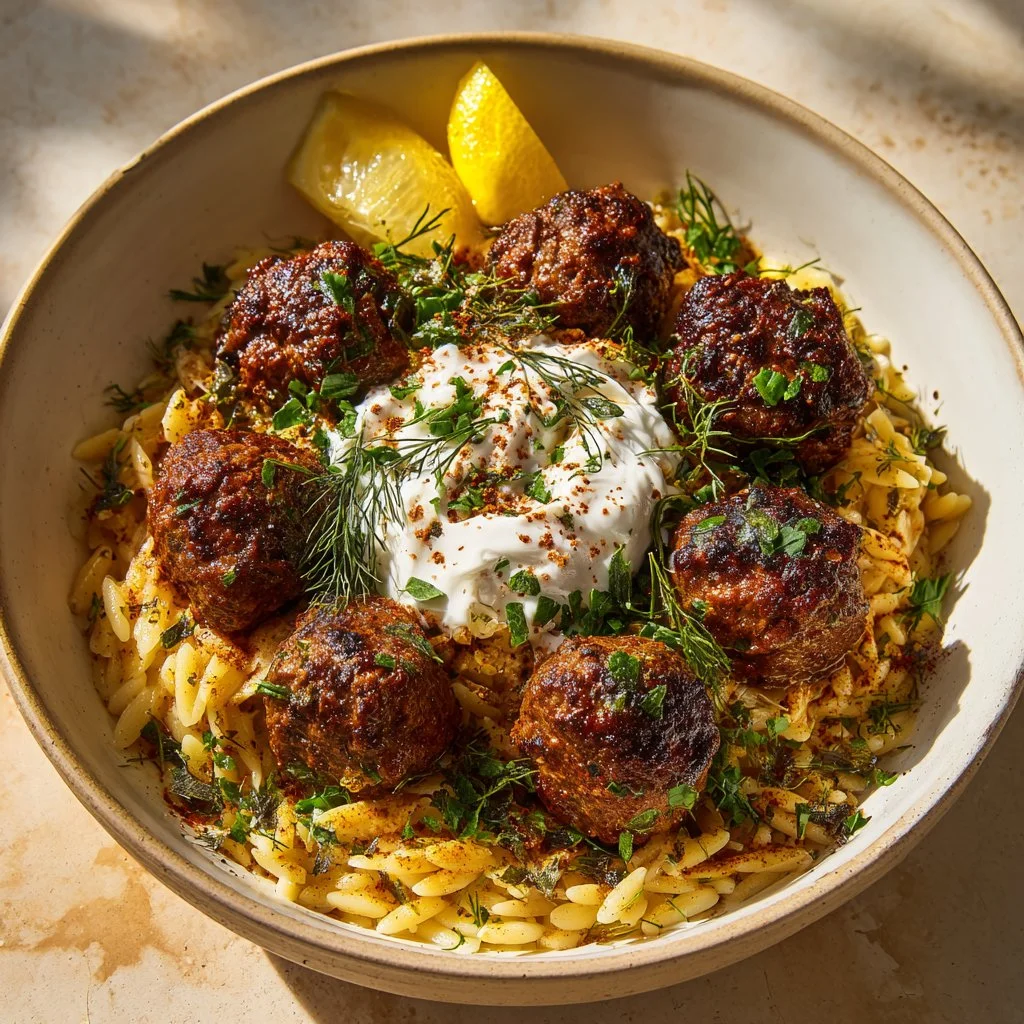 Boulettes grecques servies avec orzo citronné et crème de feta, un plat authentique et savoureux.