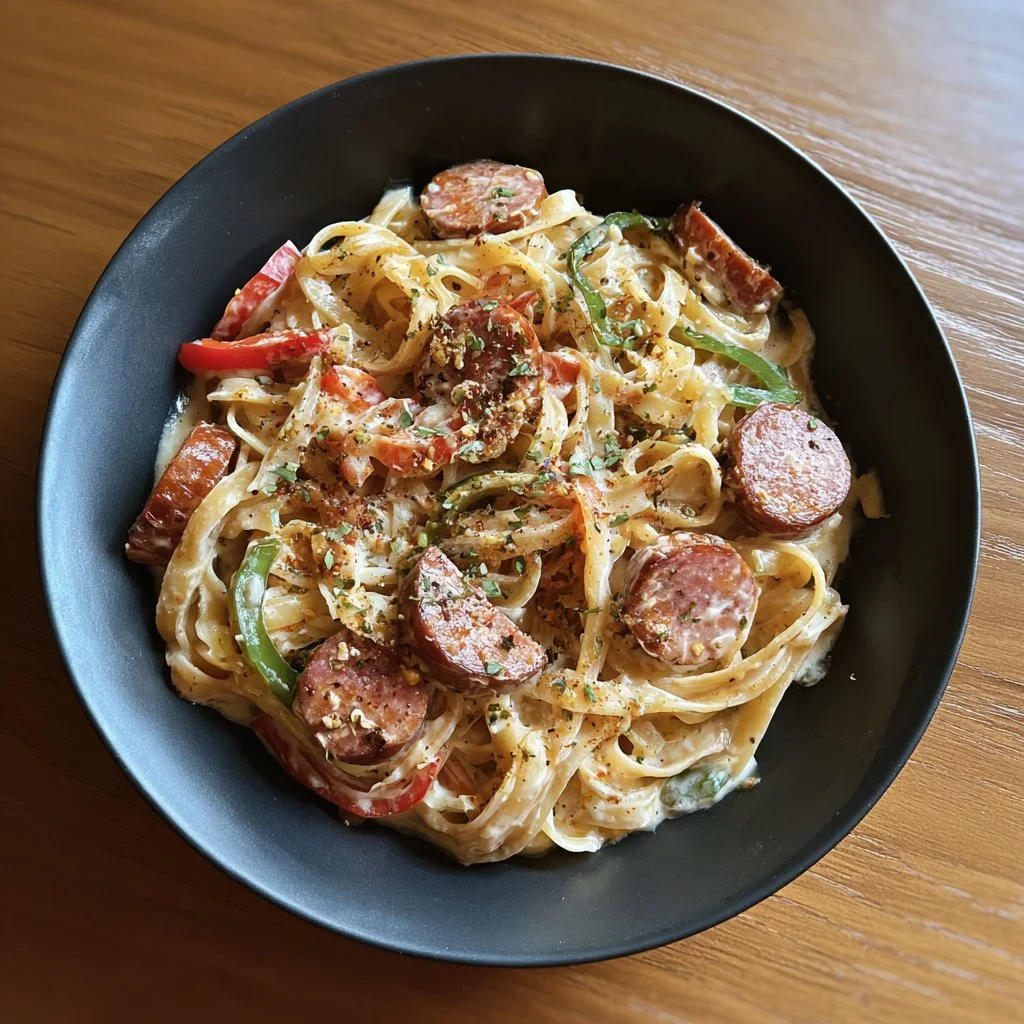 Pâtes cajun avec saucisses, un plat savoureux et épicé
