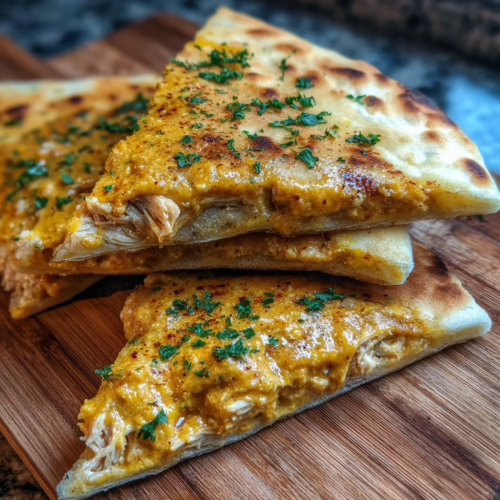 Cheese Naan au Poulet au Curry de Cheddar, plat savoureux et réconfortant.