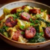 Chou vert braisé avec saucisses fumées dans une poêle