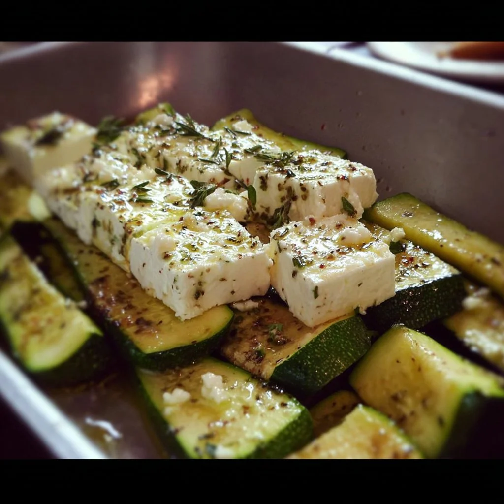 Courgettes rôties au four avec feta sur un plat en céramique