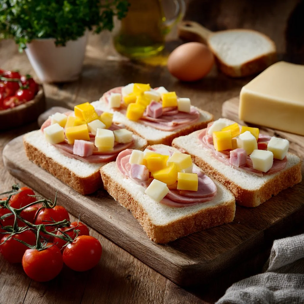 Croque-monsieur traditionnel avec fromage fondant et jambon sur pain doré.