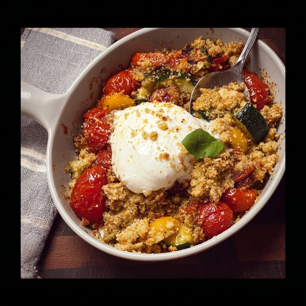 Crumble de Légumes avec Burrata crémeuse sur une assiette élégante.