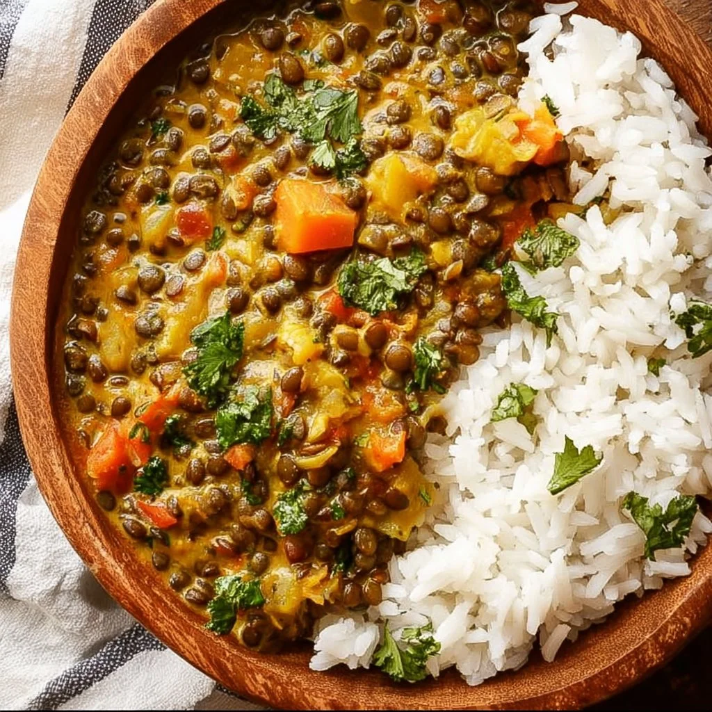 Curry de lentilles vertes au lait de coco dans un bol