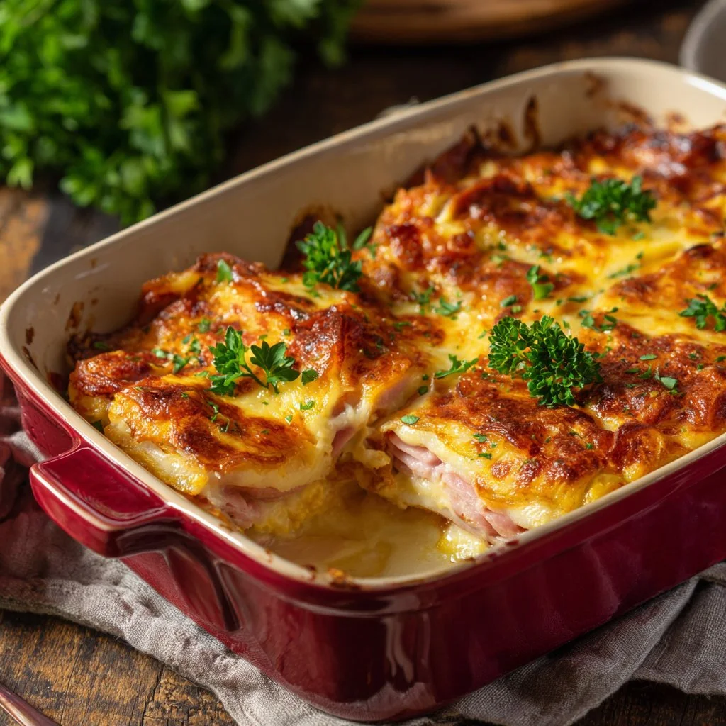 Escalope savoyarde grillée, garnie de fromage fondant et de crème dans une assiette.