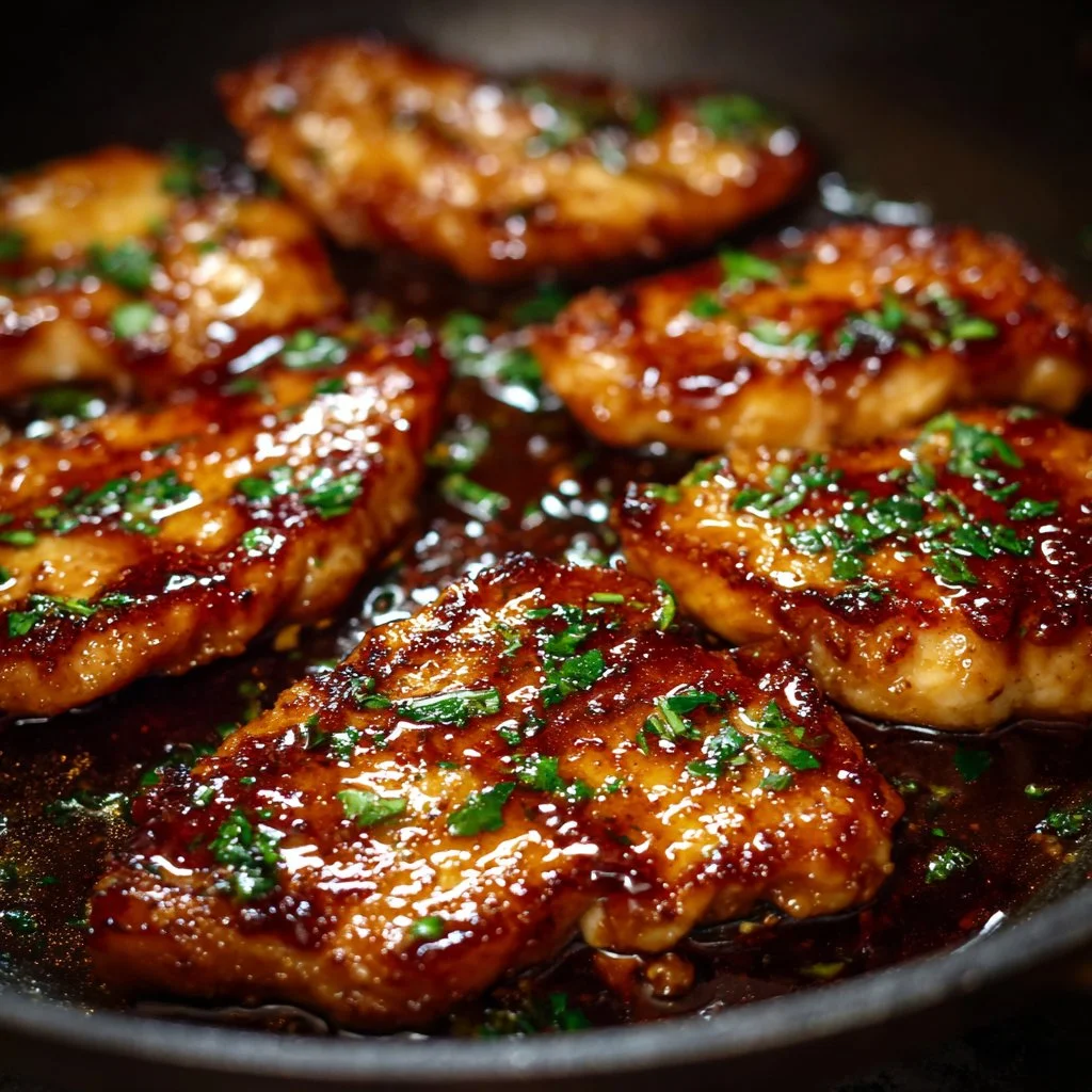 Escalopes de poulet caramélisées à l'ail, miel et sauce soja sur une assiette