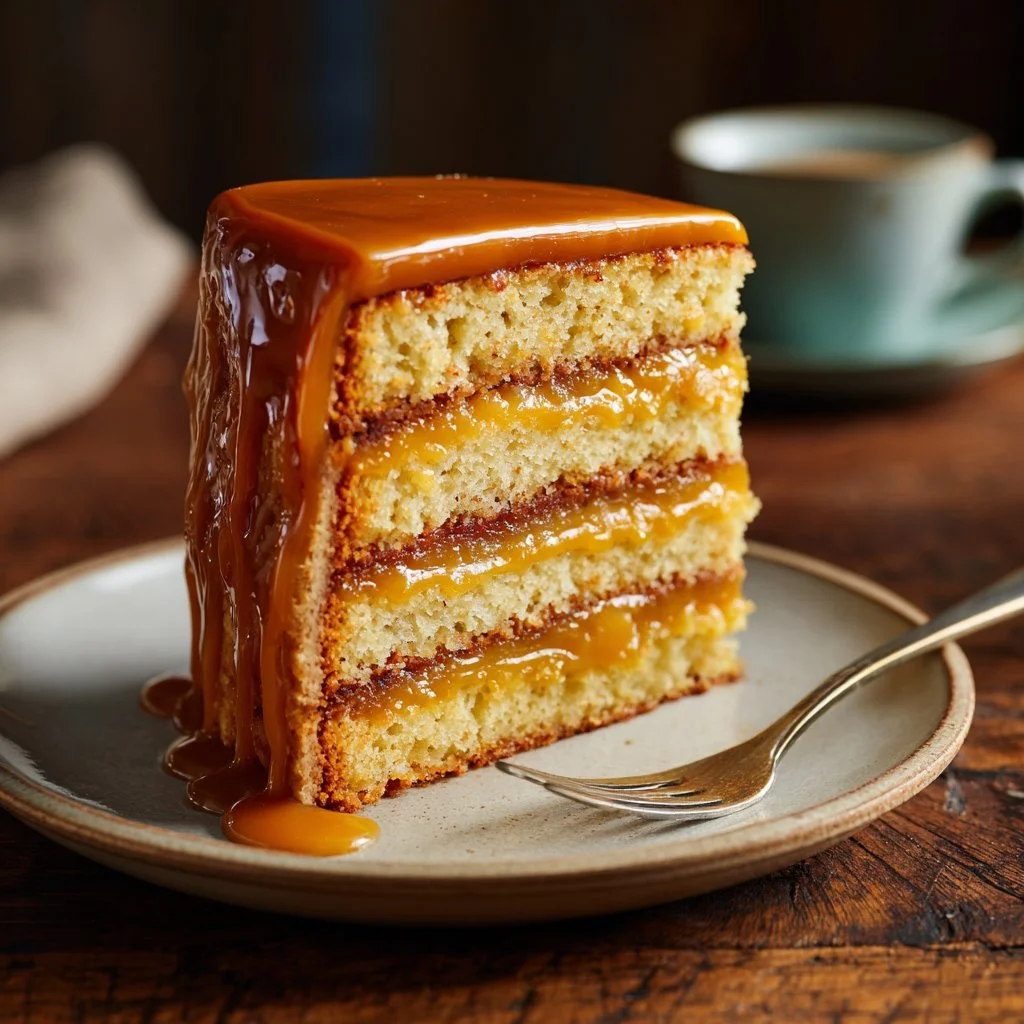 Gâteau au caramel beurre salé avec un nappage doré et crémeux