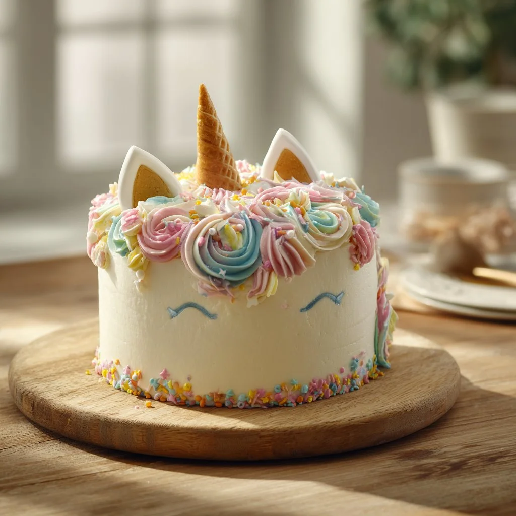 Gâteau Licorne coloré et festif, décoré avec des éléments magiques.