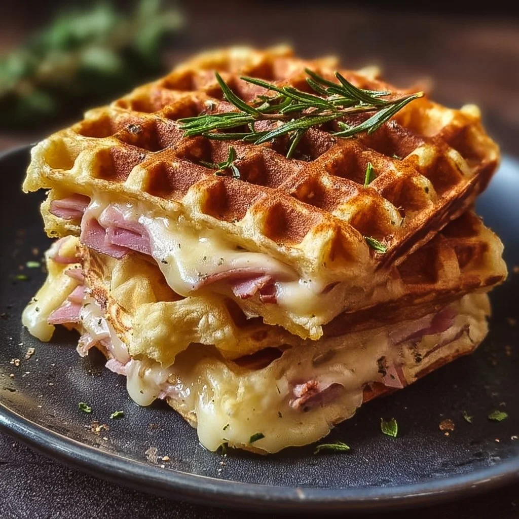 Gaufres salées au jambon et fromage, un plat savoureux et réconfortant.