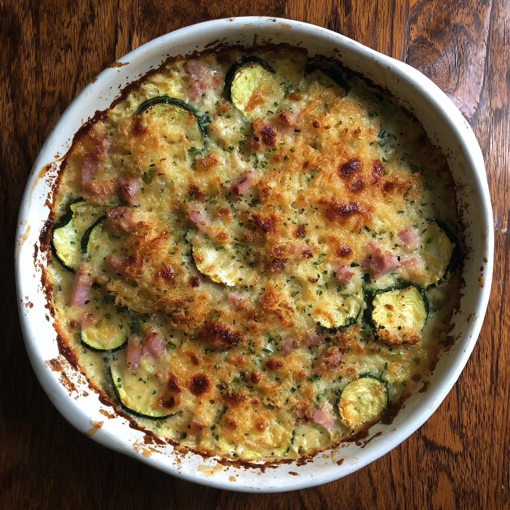 Gratin de courgettes avec jambon et riz, plat savoureux et réconfortant