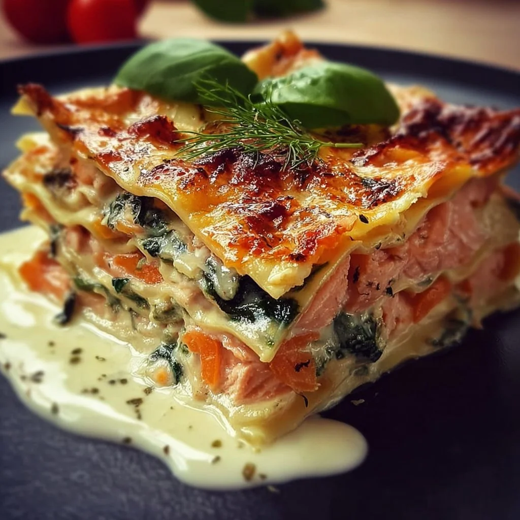 Lasagnes au saumon et épinards, un plat savoureux et réconfortant.
