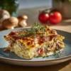 Lasagnes aux champignons, jambon et fromage garnies d'une délicieuse couche de fromage fondu.