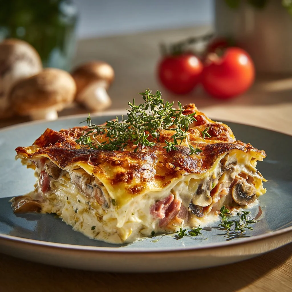 Lasagnes aux champignons, jambon et fromage garnies d'une délicieuse couche de fromage fondu.