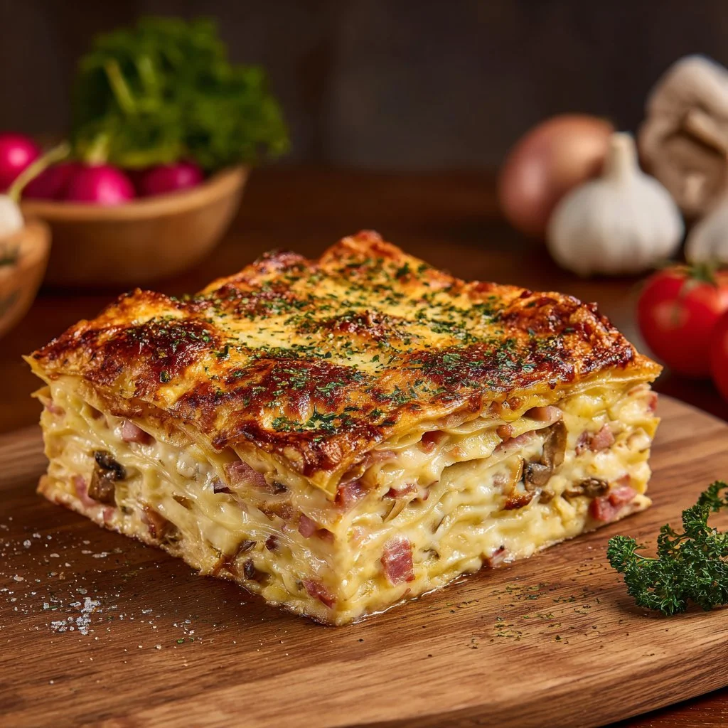 Lasagnes aux champignons, jambon et fromage prêtes à servir