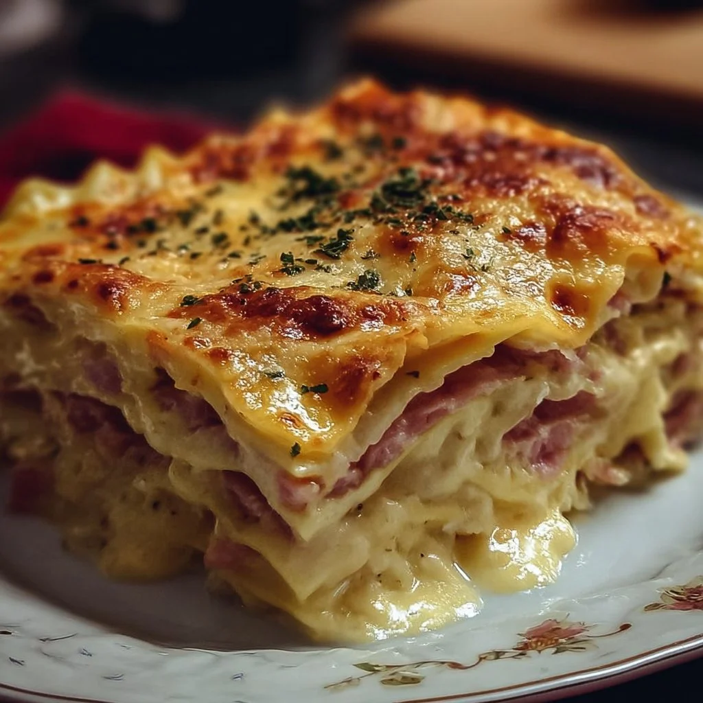 Lasagne jambon fromage prête à être servie avec du fromage fondu et du jambon savoureux.