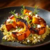 Mélange de potimarron rôti au quinoa servi dans un bol coloré.