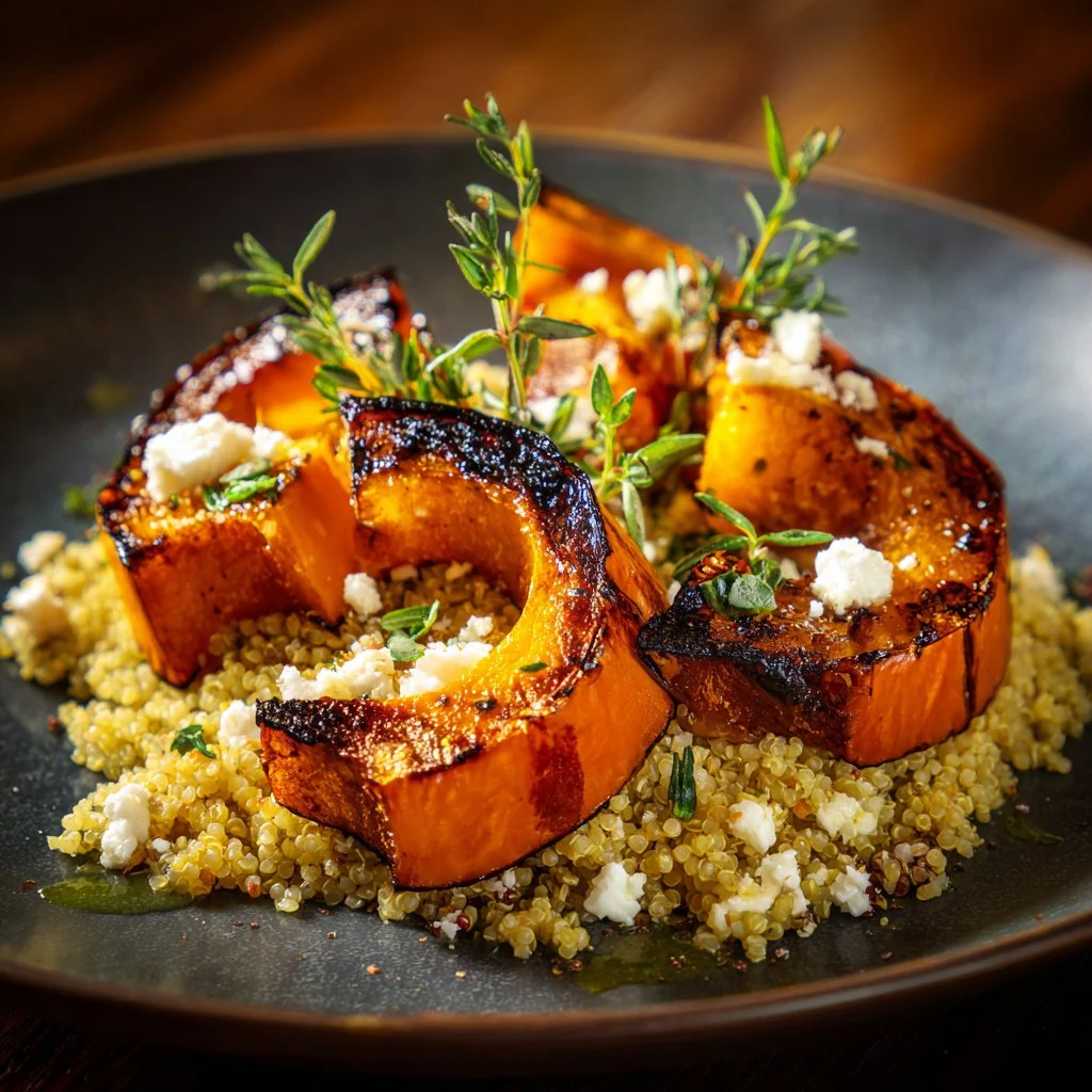 Mélange de potimarron rôti au quinoa servi dans un bol coloré.
