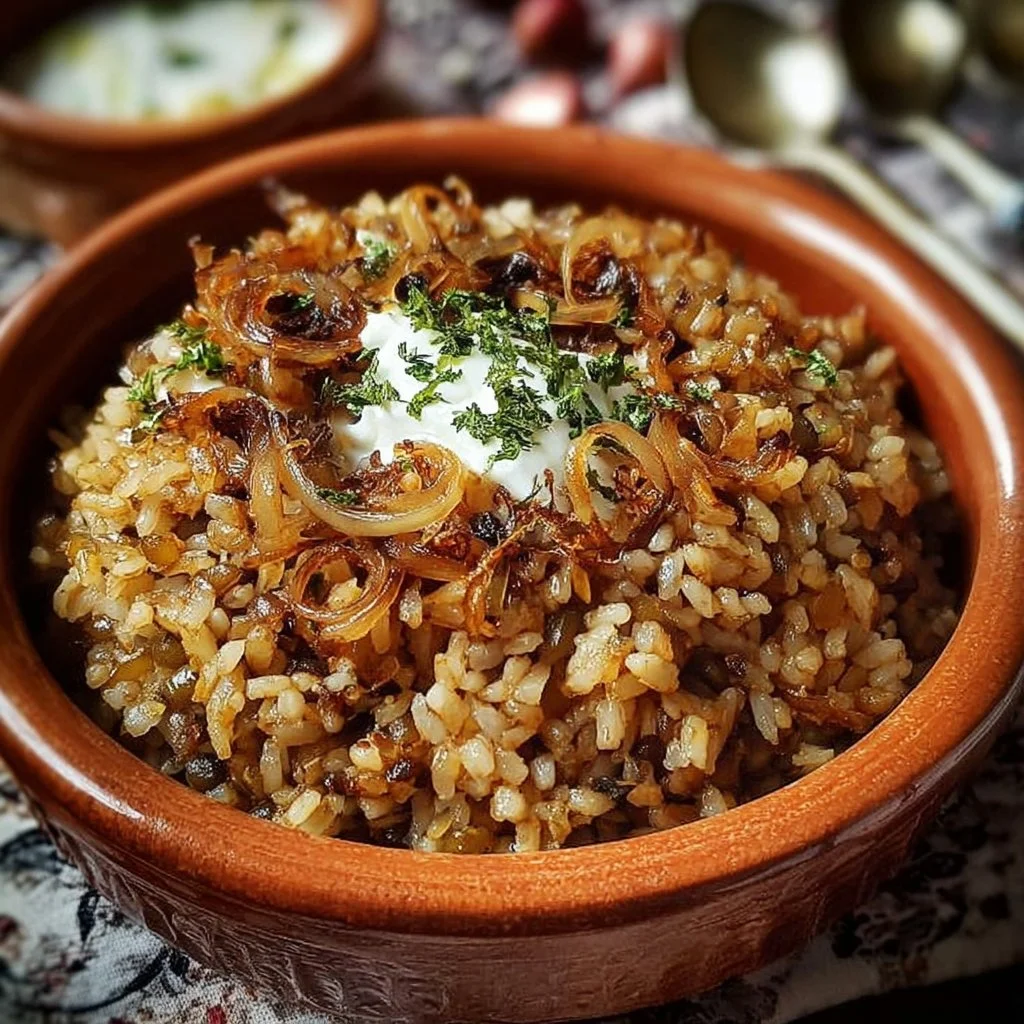 Assiette de Mujadara traditionnel libanais avec lentilles et oignons caramélisés