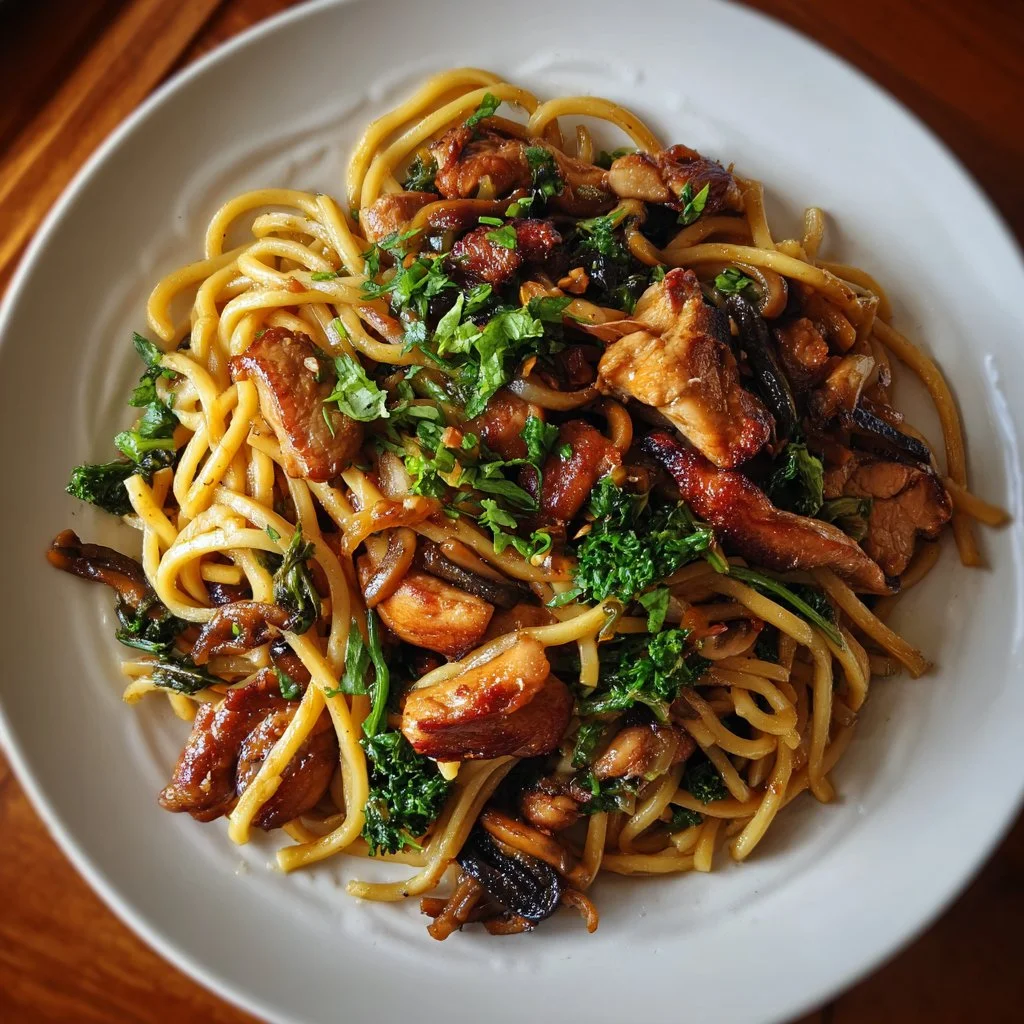 Nouilles sautées au poulet caramélisé sur assiette garnie de légumes frais
