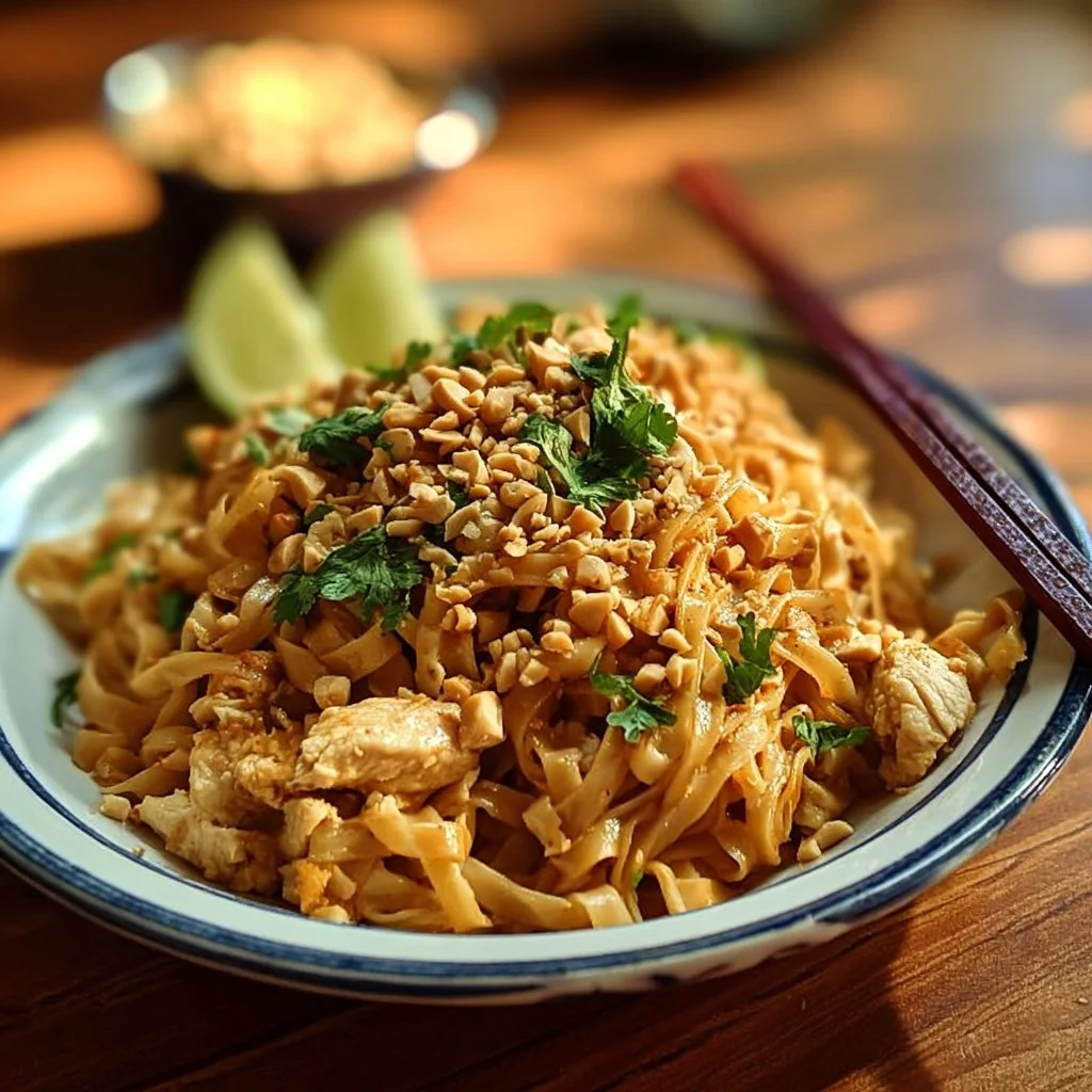 Nouilles thaï au poulet et cacahuètes dans un bol appétissant