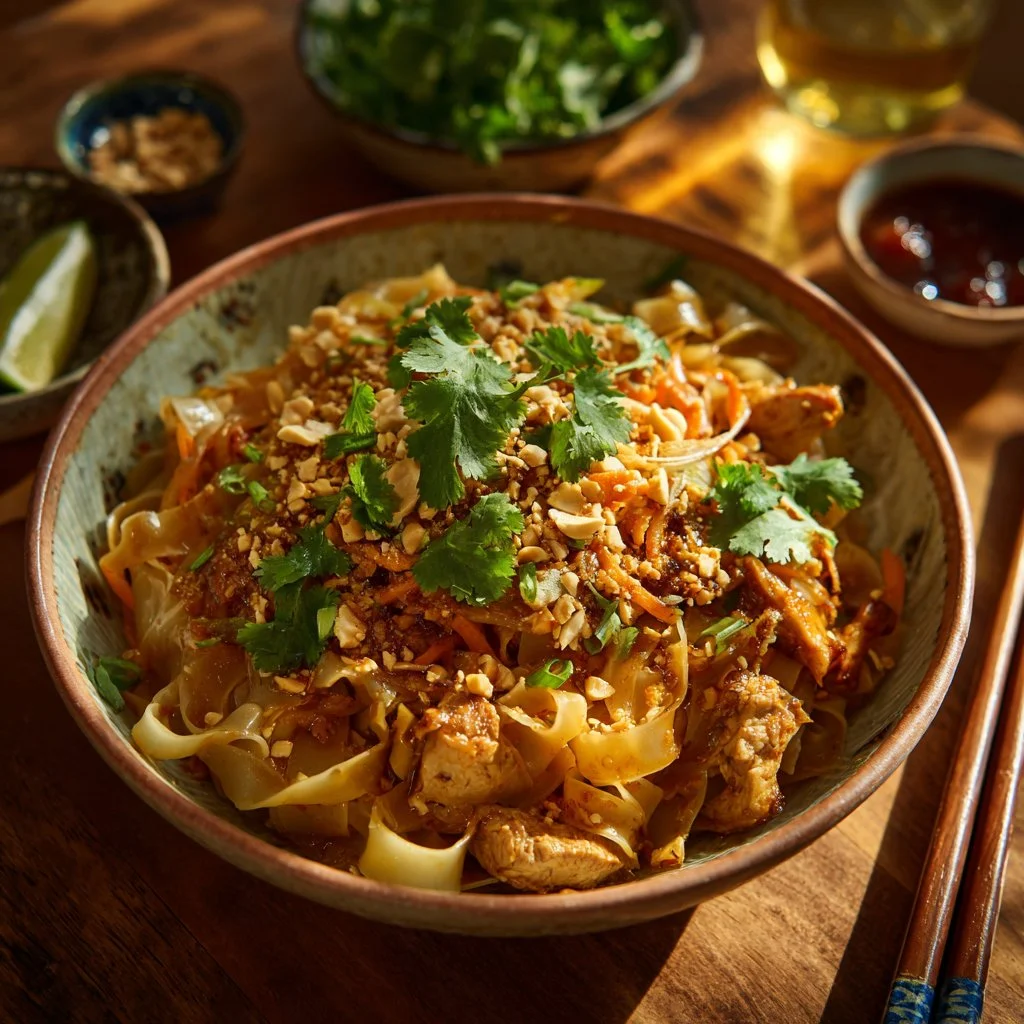 Nouilles thaï au poulet et cacahuètes prêtes à être dégustées.
