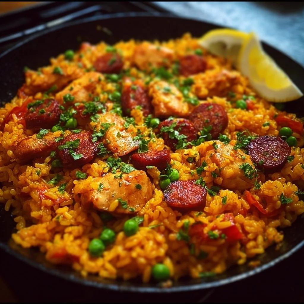Paella savoureuse avec poulet et chorizo, recette traditionnelle espagnole