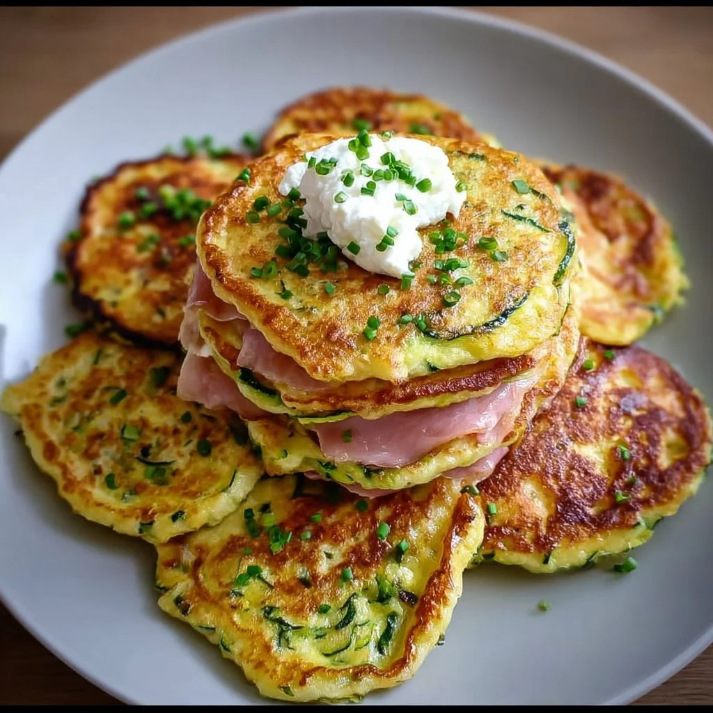 Pancakes à la courgette fourrés au chèvre et jambon, plat savoureux et original.