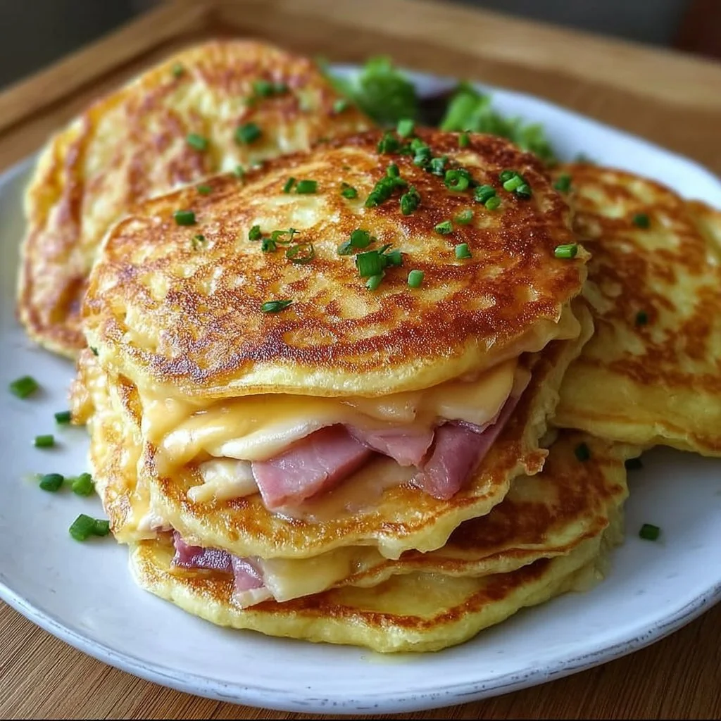 Pancakes salés jambon-fromage, recette savoureuse et facile à réaliser.