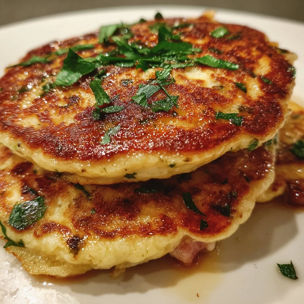 Pancakes salés jambon-fromage garnis de fromage fondu et jambon savoureux