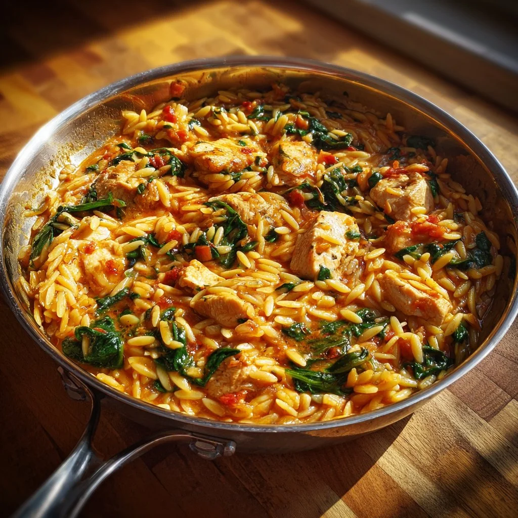Plat d'orzo crémeuse au poulet et épinards, délicieux et réconfortant