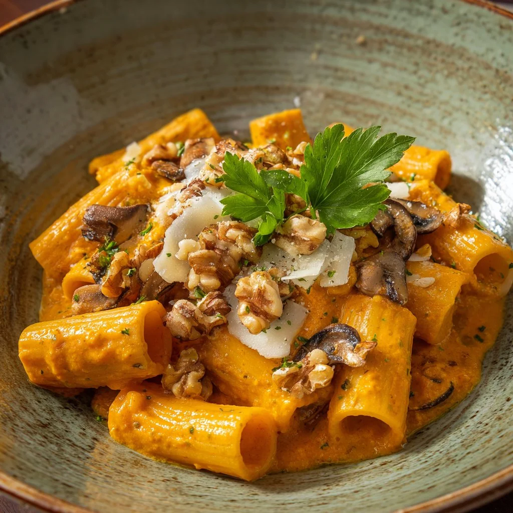 Pâtes au butternut squash et champignons dans une assiette